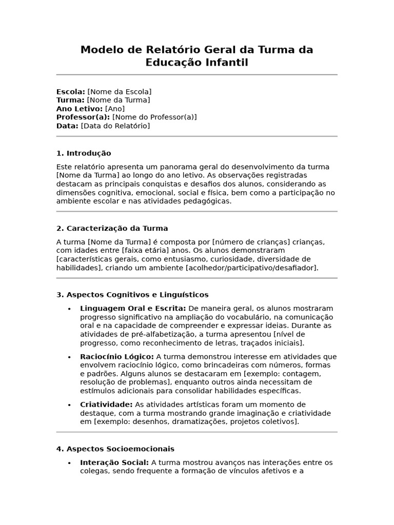 Relatório Geral da Turma Infantil 2022 | PDF | Pedagogia | Pré-escola