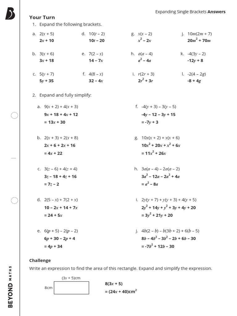 Expanding Single Brackets (Answers) | PDF