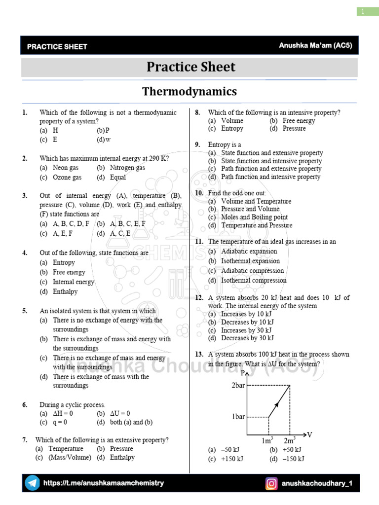 Practice Sheet Thermodynamics | PDF | Entropy | Enthalpy