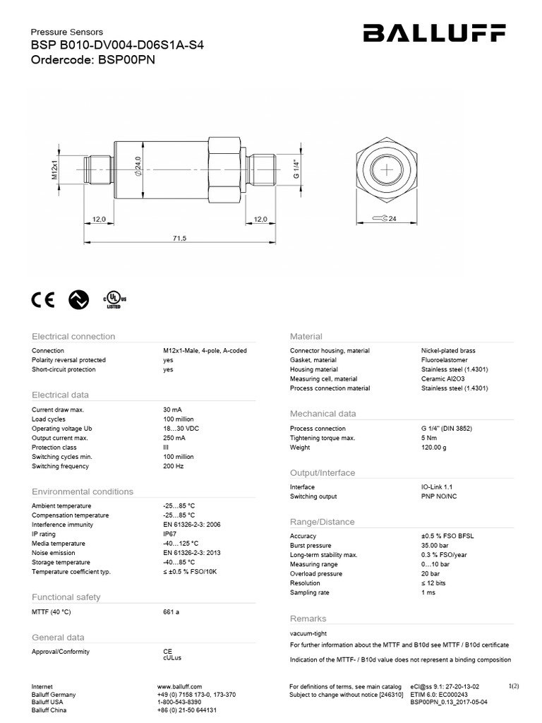 Balluff BSP B010 Pressure Sensor Specs | PDF | Electrical Connector ...