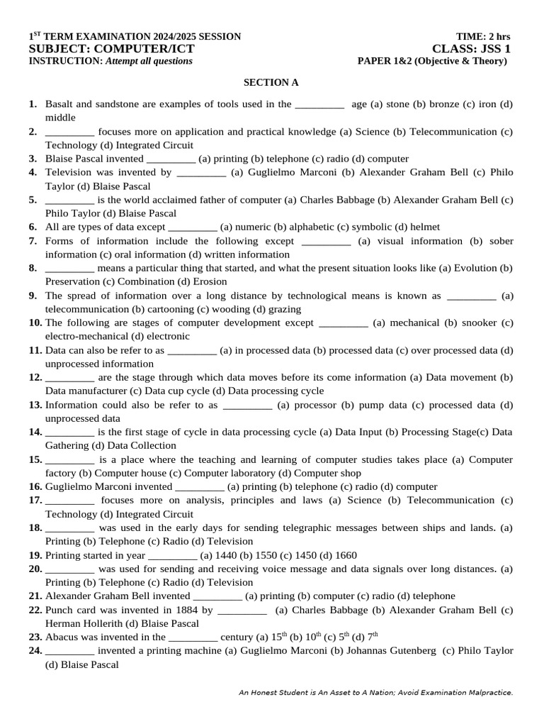 JSS 1 Computer ICT Exam Questions 2024 | PDF | Databases | Internet & Web
