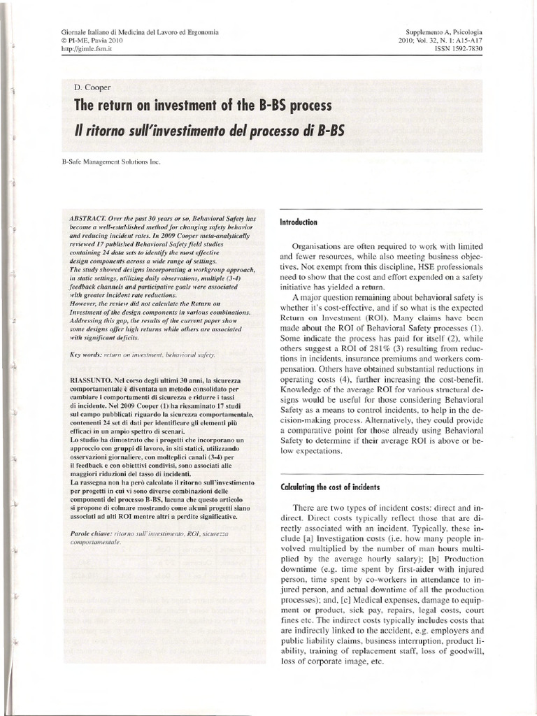 Return On Investment of Behavior Based Safety | PDF | Return On ...
