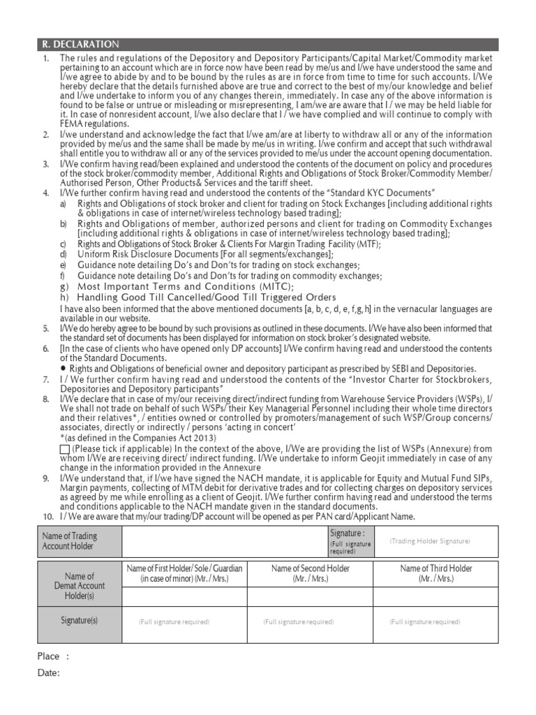 Account Opening Declaration for Trading | PDF | Stocks | Stockbroker