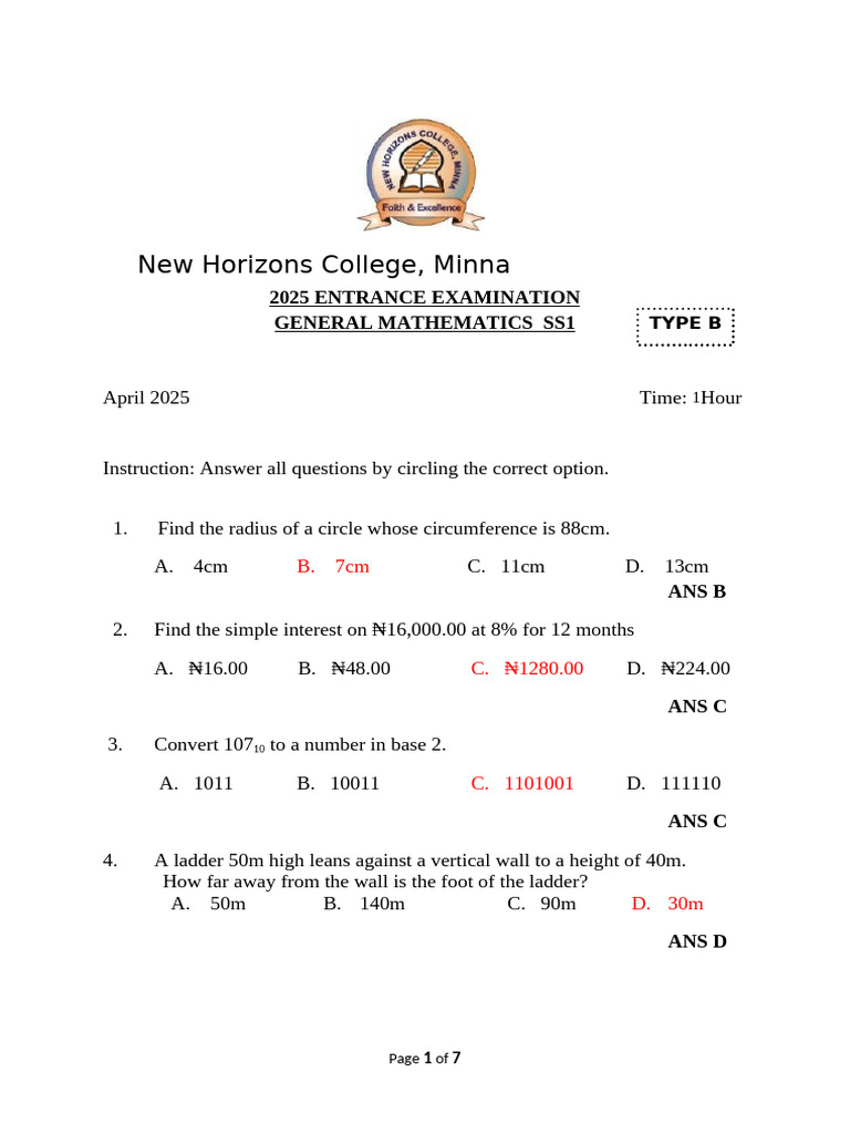 2025 Entrance Examination With Answers | PDF | Triangle | Area