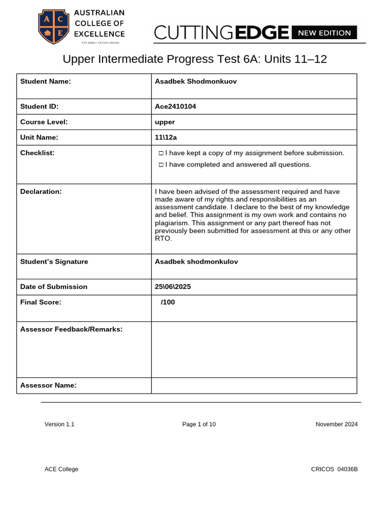 Upper Intermediate Progress Test 6A | PDF | Human Communication | Learning