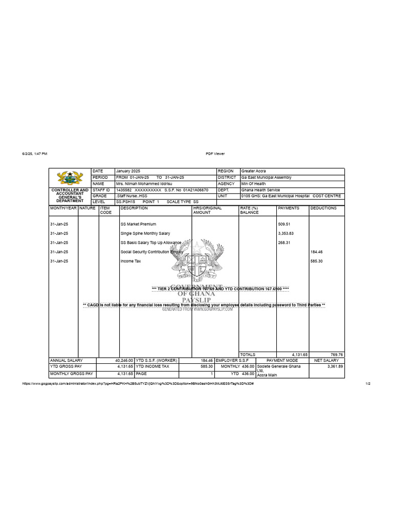 January 2025 Payslip for Mrs. Iddrisu | PDF | Salary | Income Tax