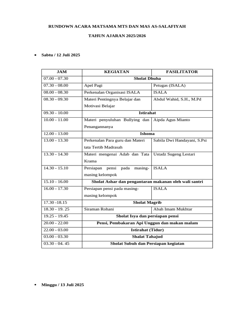 Rundown Matsama MTS MAS As-Salafiyah 2025 | PDF