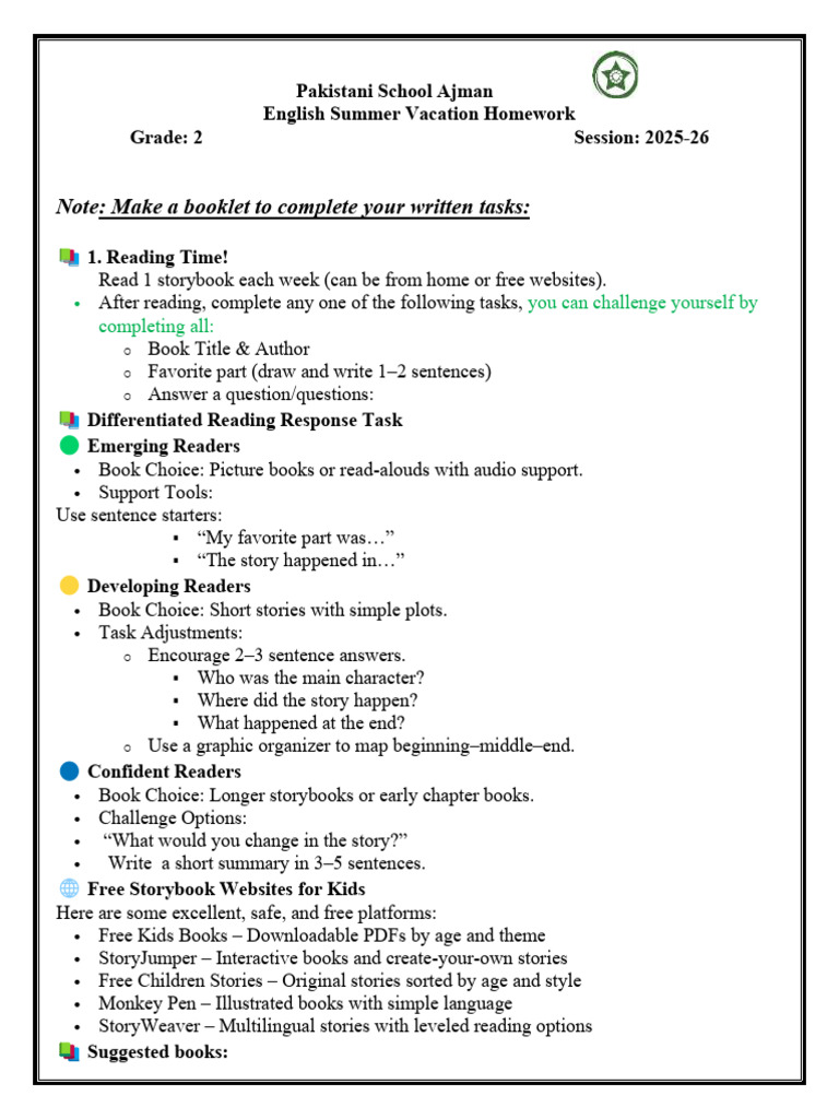 Grade 2 English Summer Homework Guide | PDF