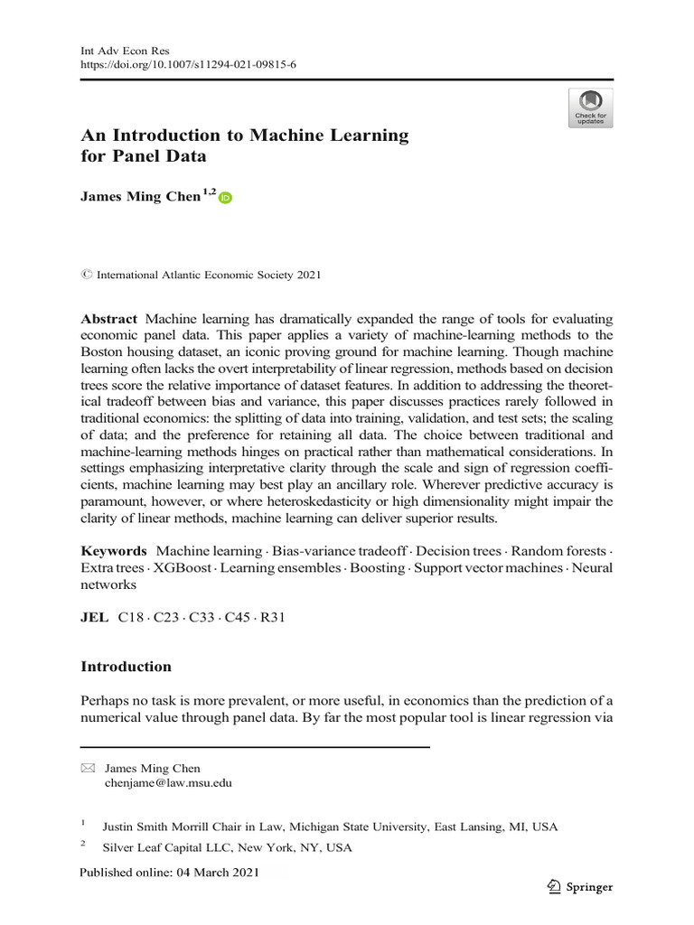 Machine Learning for Panel Data Analysis | PDF | Machine Learning ...