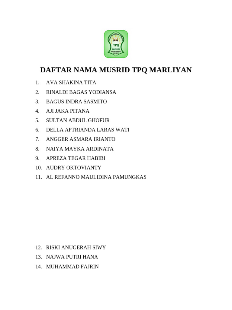 Nama-nama TPQ Marliyan dan Artinya | PDF