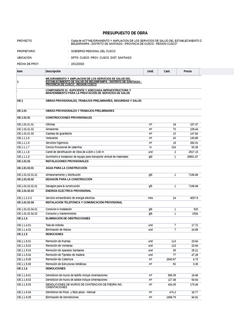 Presupuesto de Obra para Salud en Cusco | PDF | Fundación (Ingeniería ...