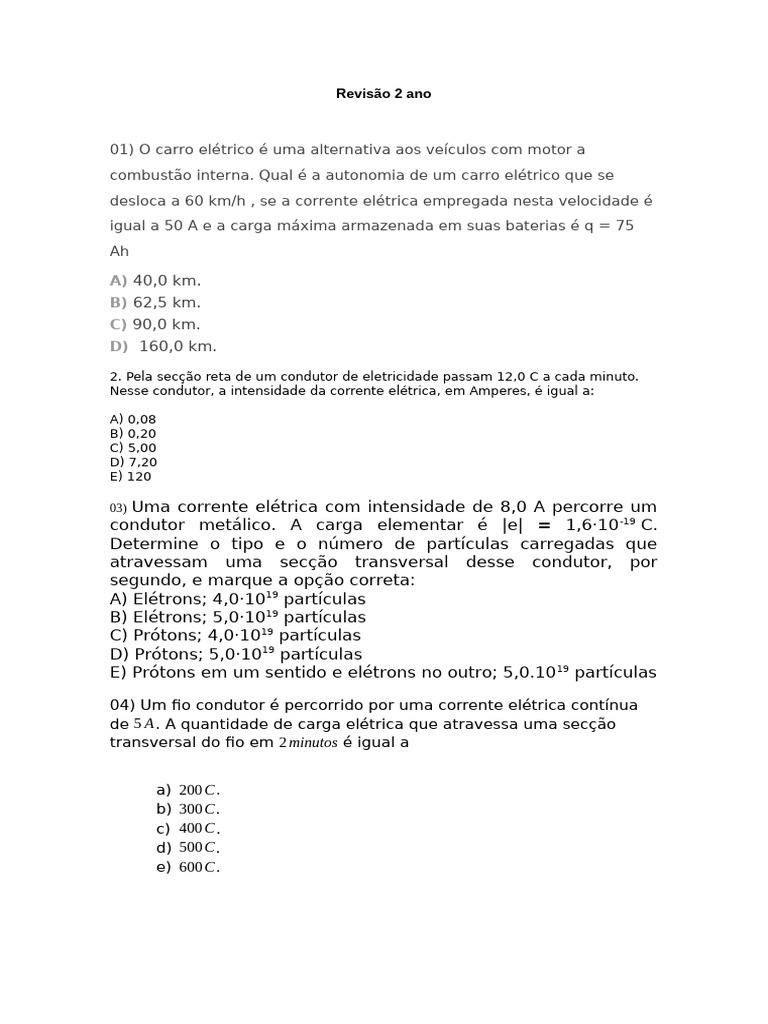 Questões sobre Corrente Elétrica e Energia | PDF | Eletricidade ...