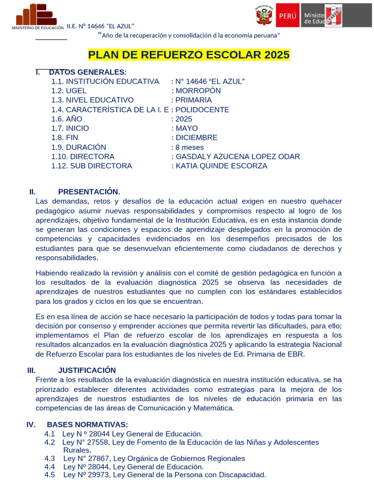 Plan de Refuerzo Escolar 2025 en Primaria | PDF | Educación primaria ...