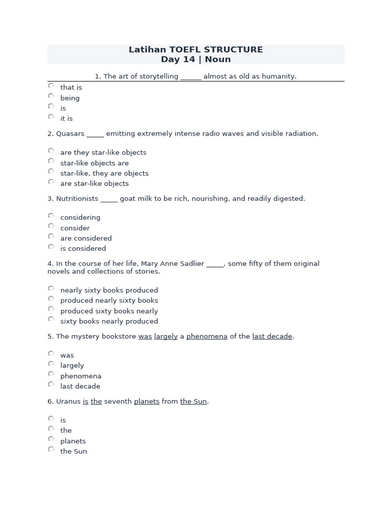TOEFL Structure Practice: Noun Exercises | PDF