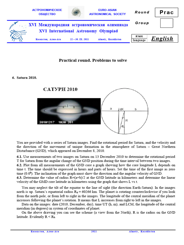 Astronomy Olympiad 2011 Problems | PDF | Saturn | Latitude
