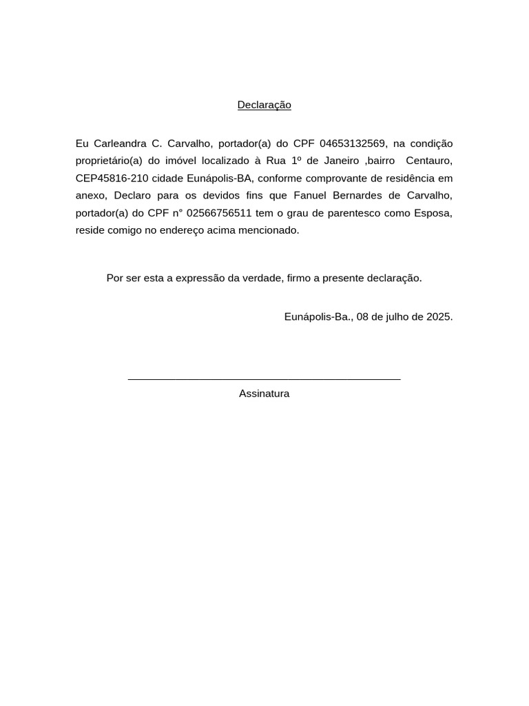 Declaração de Parentesco e Residência | PDF