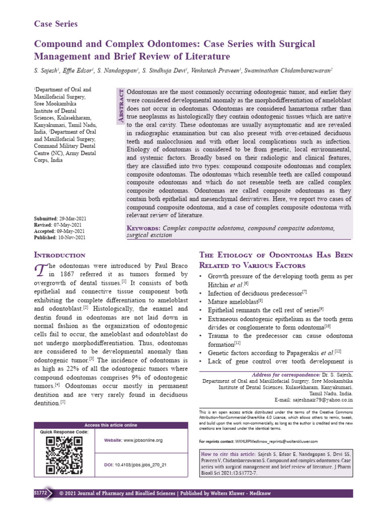 Compound vs Complex Odontomas: Cases | PDF | Diseases And Disorders | Mouth