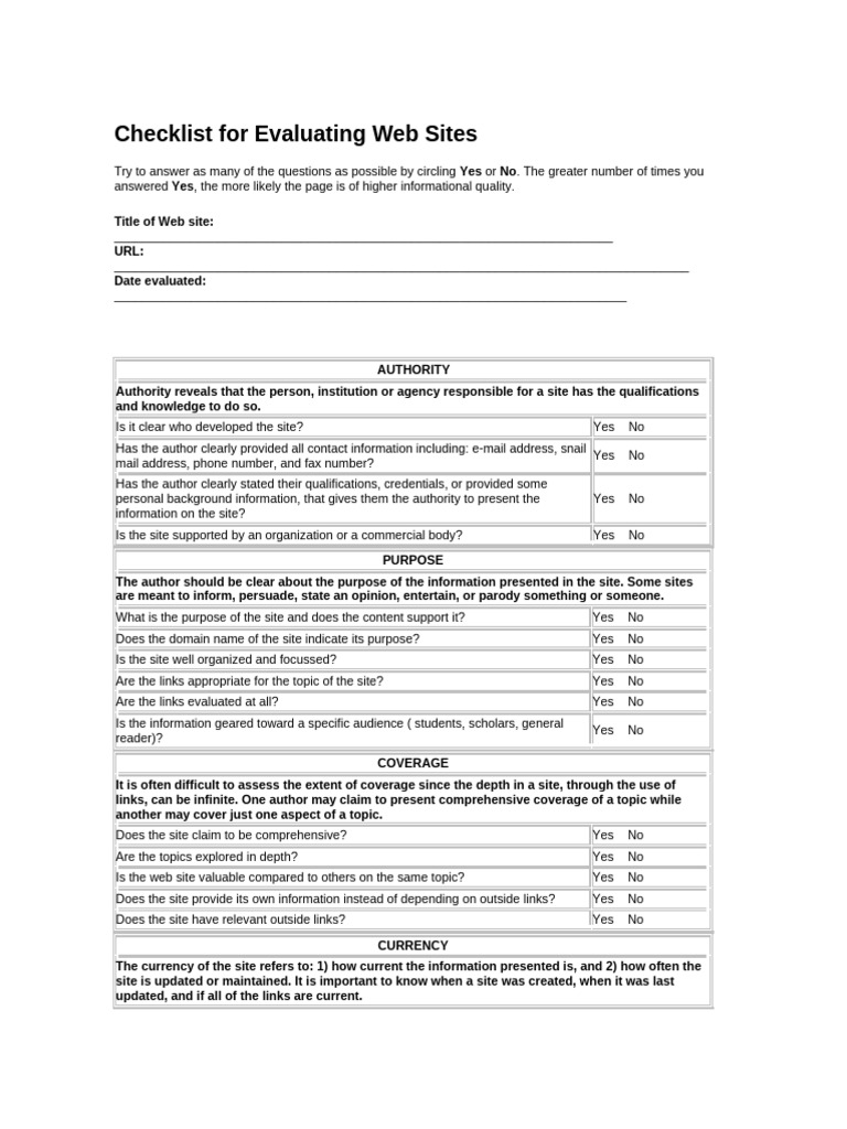 Website Evaluation Checklist for Students | PDF | Communication | Human ...