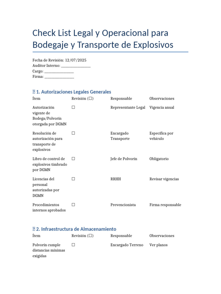 Checklist Legal y Operacional Explosivos | PDF