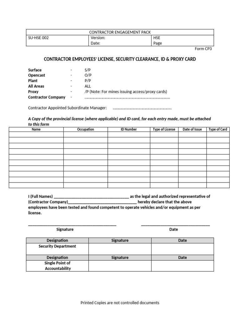 Contractor Employees' License, Security Clearance, Id & Proxy Card | PDF