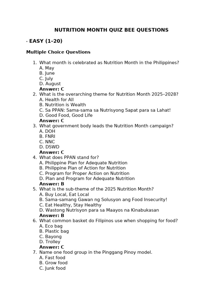 Nutrition Month Quiz Bee 2025 Questions | PDF | Food Security | Nutrition