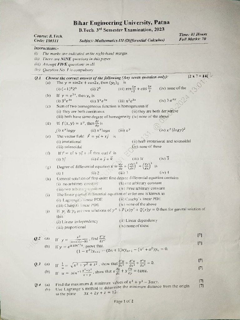 BTech 3 Sem Mathematics (100311) 2023 | PDF