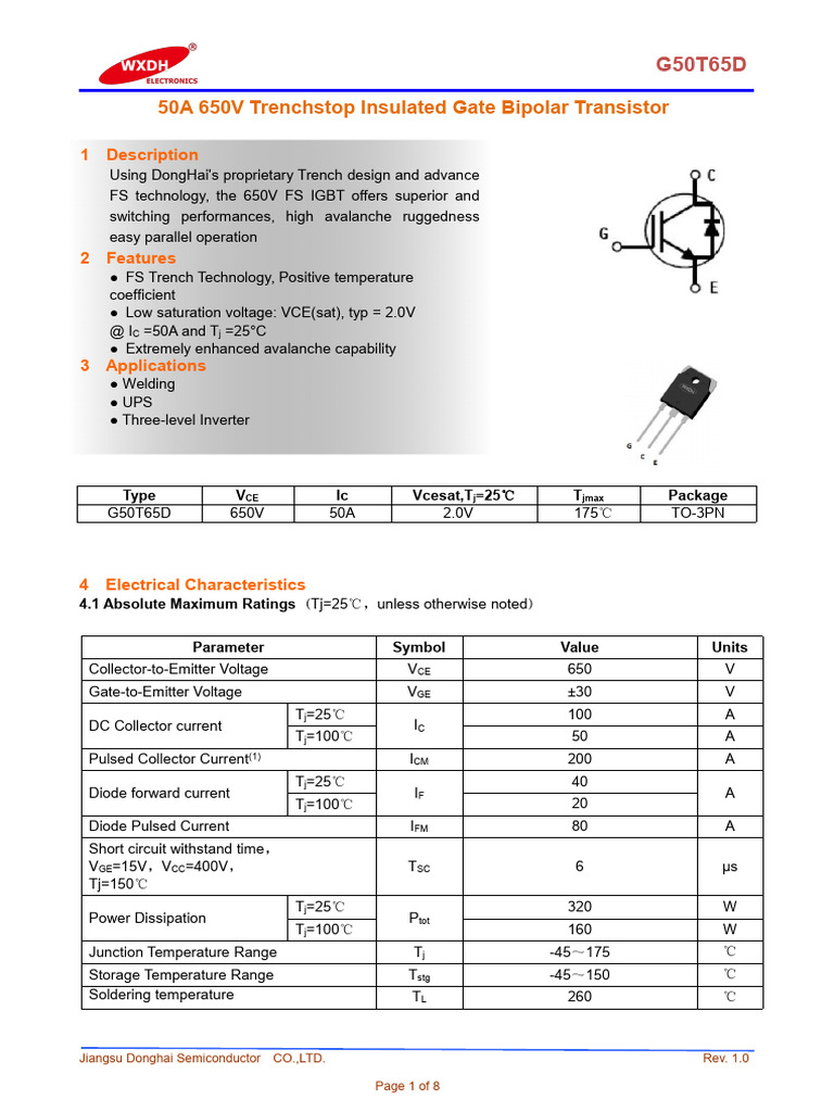 G50T65D IGBT Technical Specifications | PDF | Diode | Electrical Components