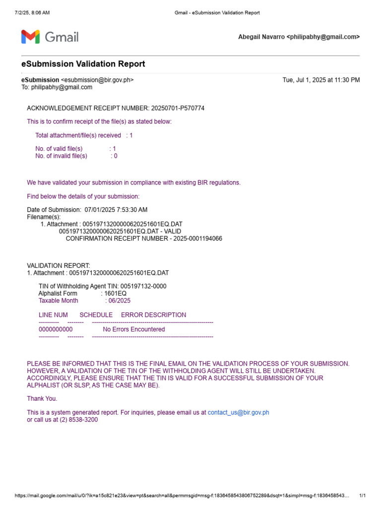 eSubmission Validation for 1601EQ | PDF