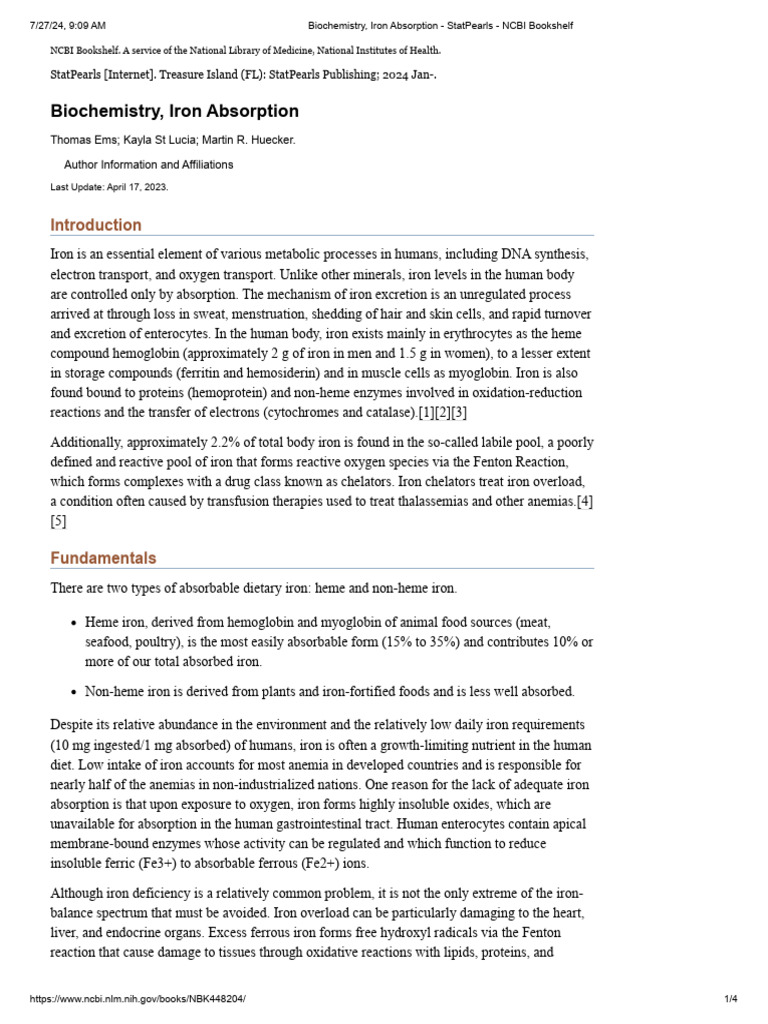 Basic About Iron - Biochemistry, Iron Absorption - StatPearls - NCBI ...