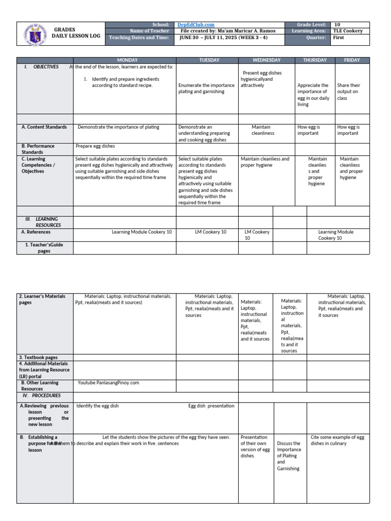 Grade 10 TLE Cookery Lesson Plan | PDF | Cooking | Foods