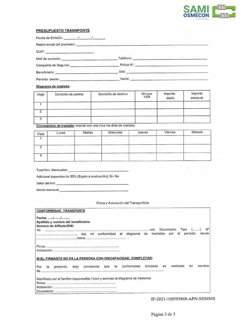 Presupuesto y Conformidad de Transporte - SAMI CMM | PDF