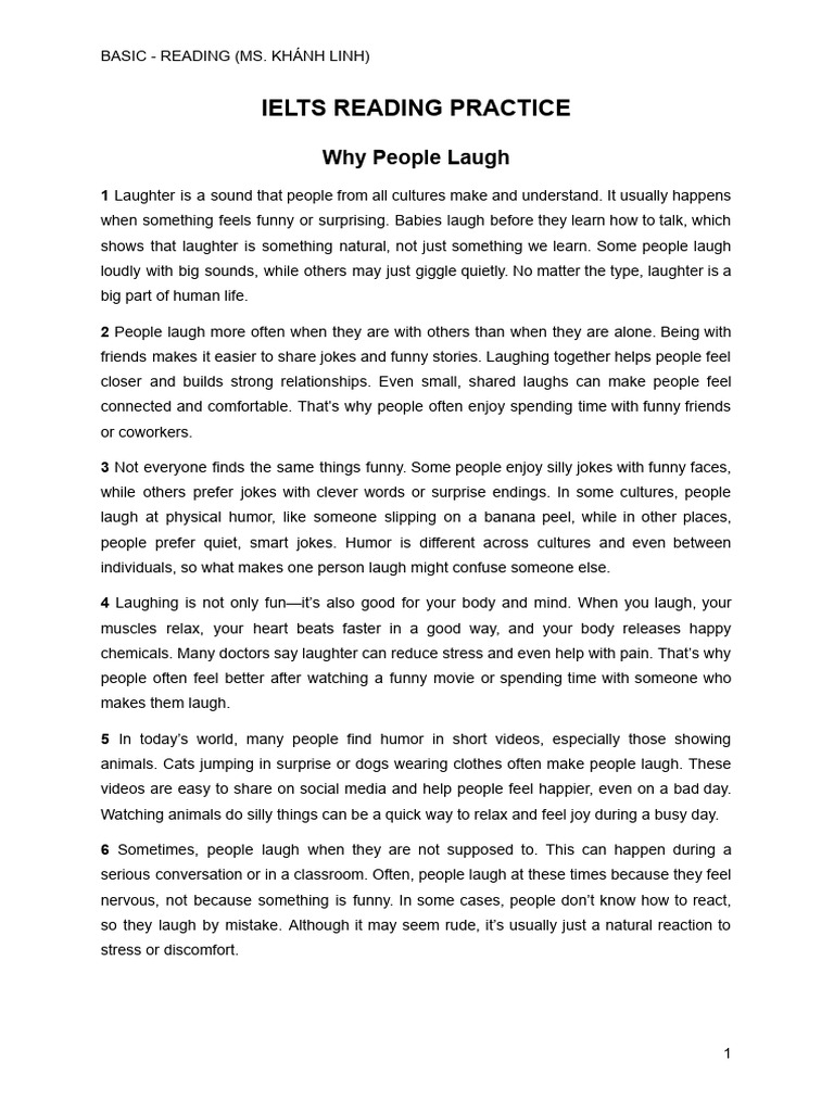Basic - Reading (Ms. Khánh Linh) | PDF | Laughter | Humour