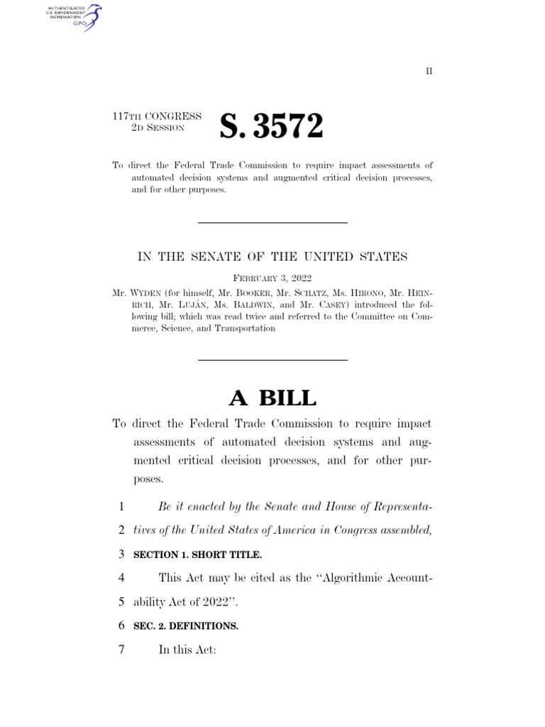 US - Algorithmic Accountability Act | PDF