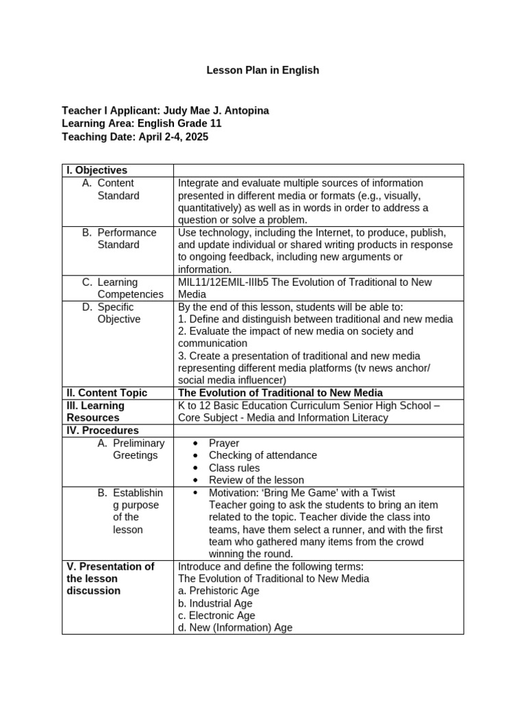 G11 SHS Demo Lesson Plan | PDF | New Media | Social Media