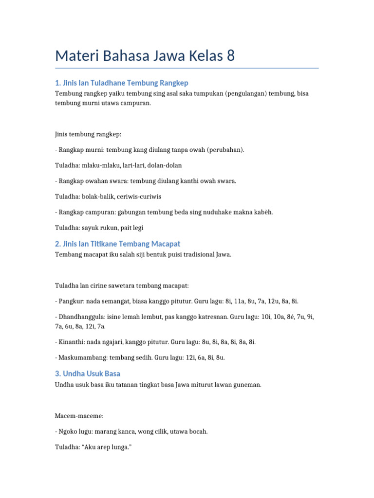 Materi Bahasa Jawa Kelas 8 Semester 1 | PDF