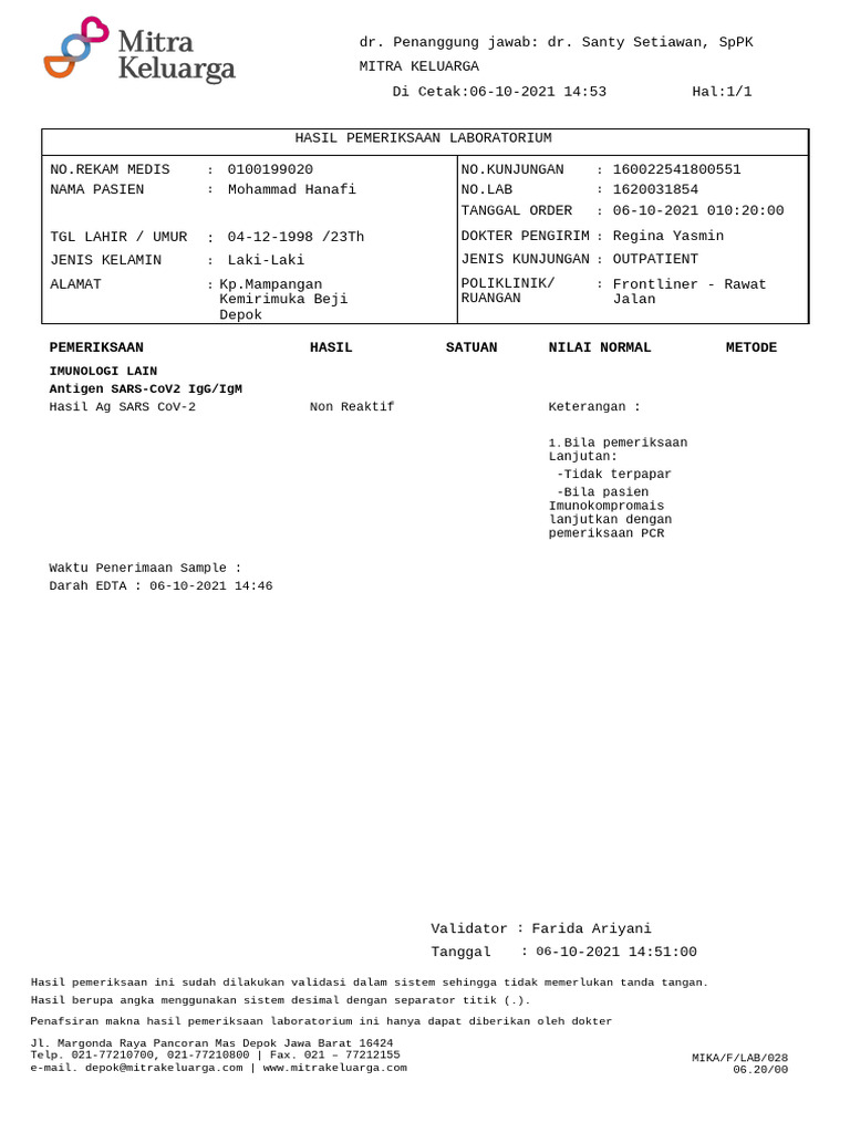 Hasil Lab COVID-19 Pasien Mohammad Hanafi | PDF