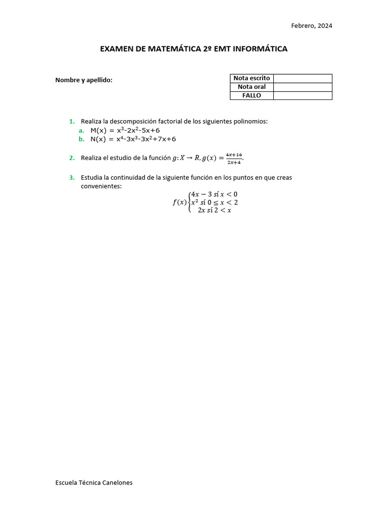 EXAMEN DE MATEMÁTICA 2º EMT INFORMÁTICA Febrero | PDF