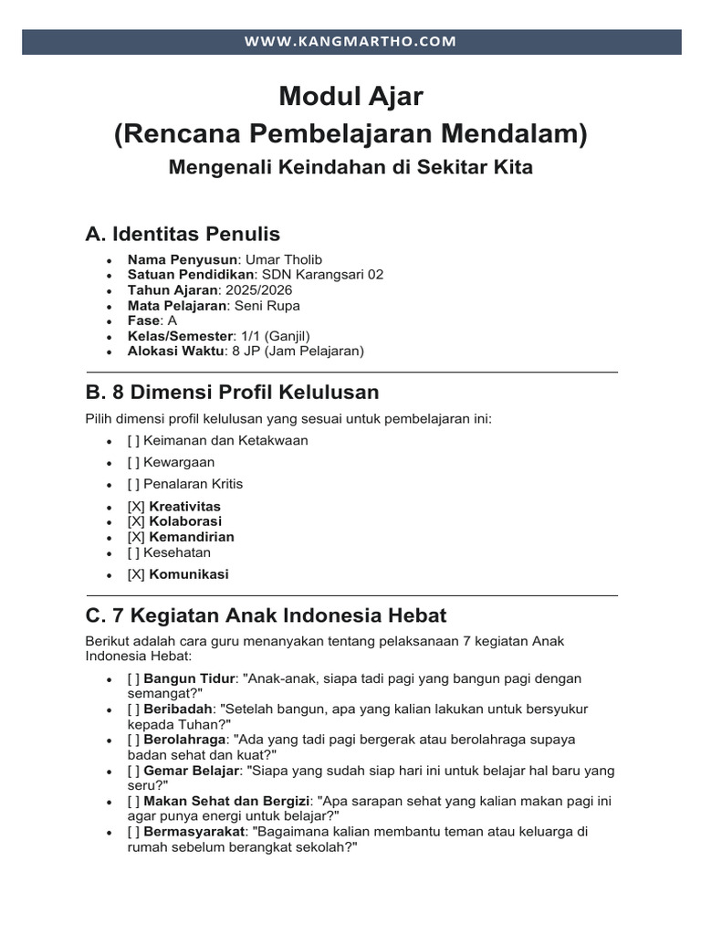 Modul Ajar Seni Rupa Kelas 1 SD | PDF