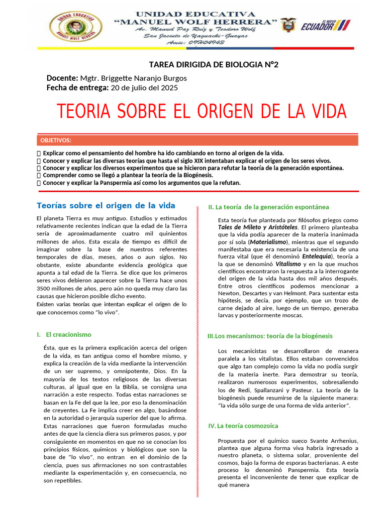 Teorías sobre el origen de la vida | PDF | Naturaleza | Science