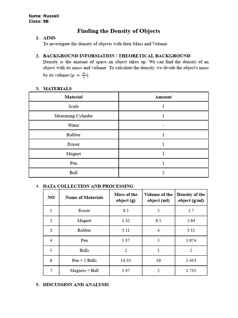 Measuring Object Density Experiment | PDF | Density | Volume