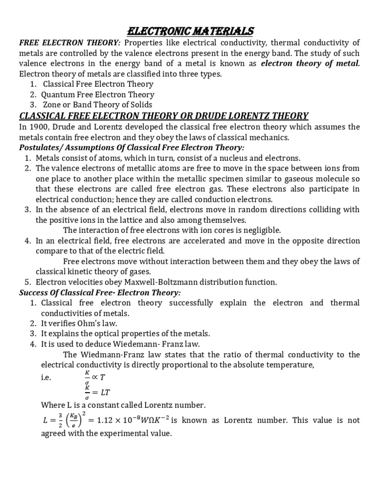 Free Electron Theory in Metals Explained | PDF | Electron | Electrical ...