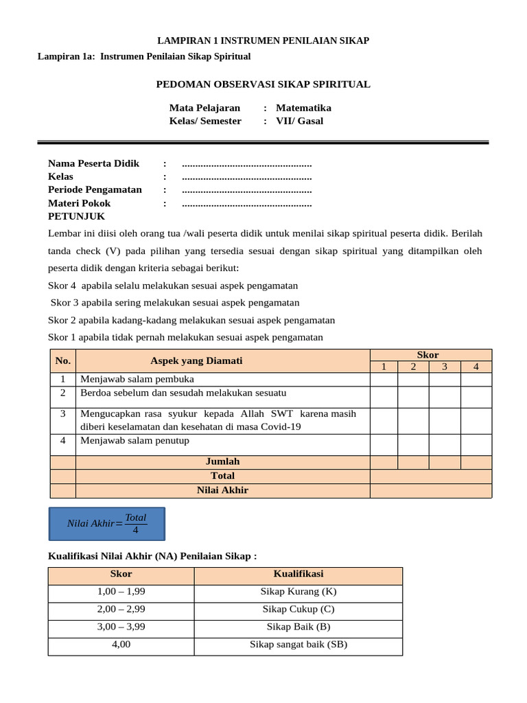 Instrumen Penilaian Sikap dan Pengetahuan Matematika | PDF