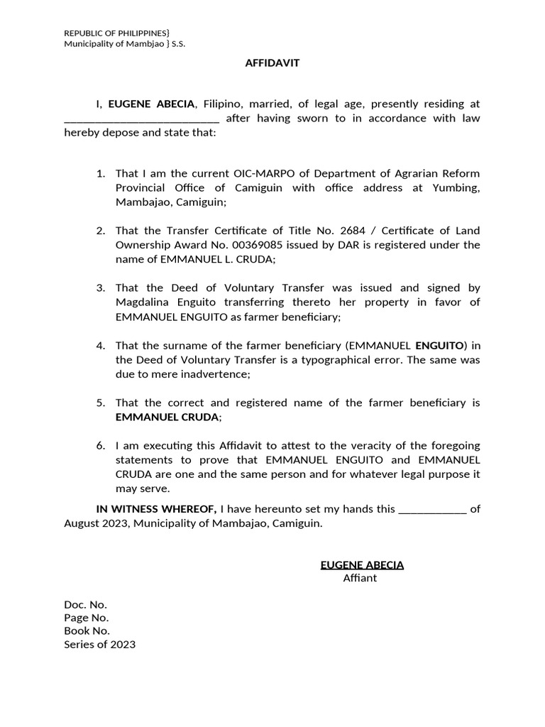 Affidavit of Name Correction for Title | PDF