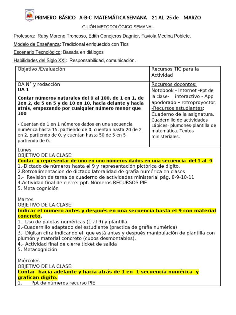 Planificación Matemática Primer Básico | PDF | Aprendizaje