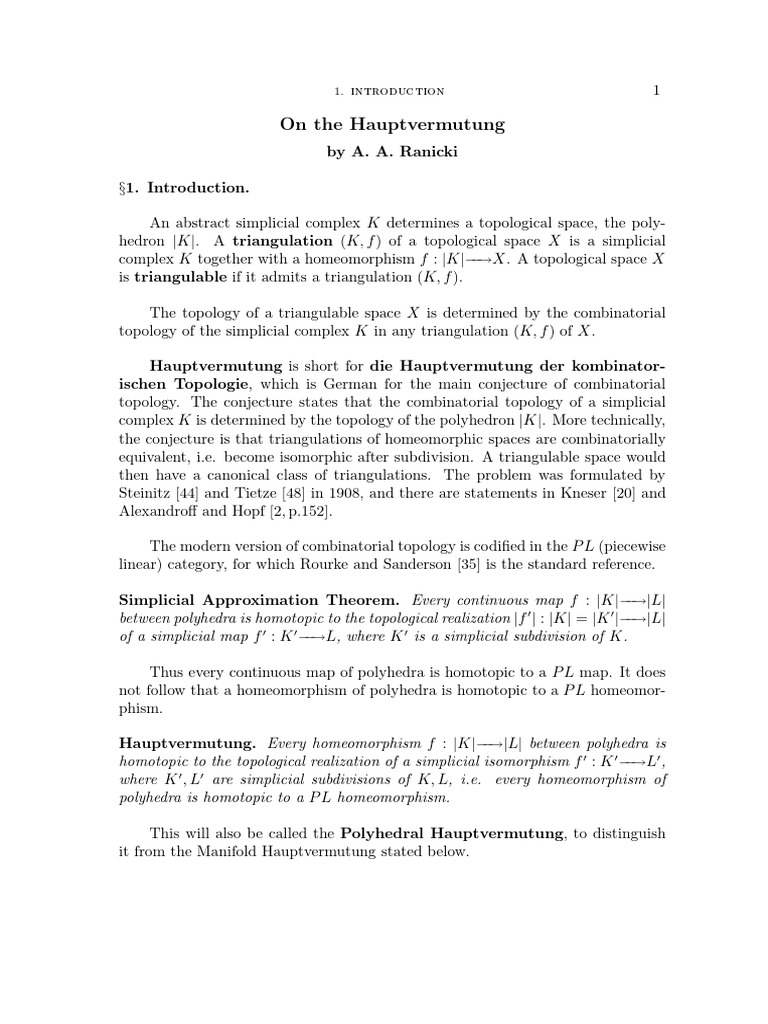 Hauptvermutung in Combinatorial Topology | PDF | Manifold | Topology