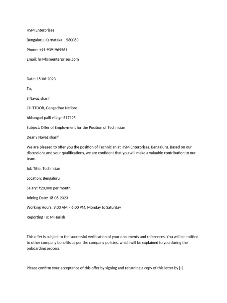 Technician Job Offer at HSM Enterprises | PDF