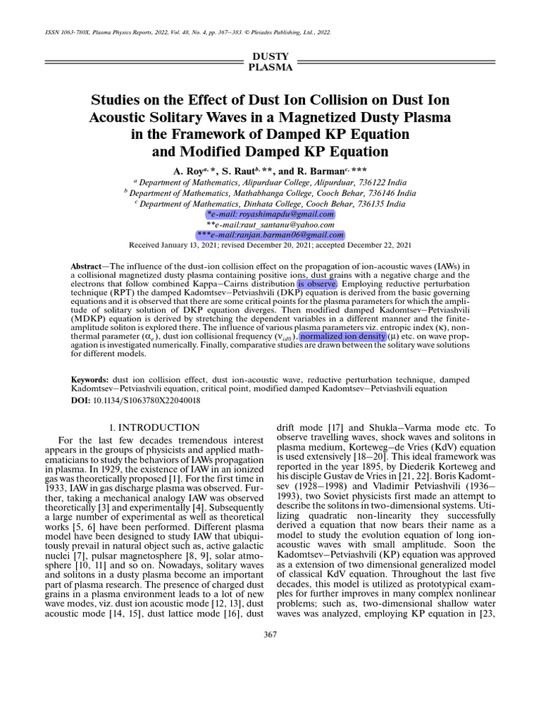 Dust Ion Collision Effects on Solitary Waves | PDF | Plasma (Physics ...
