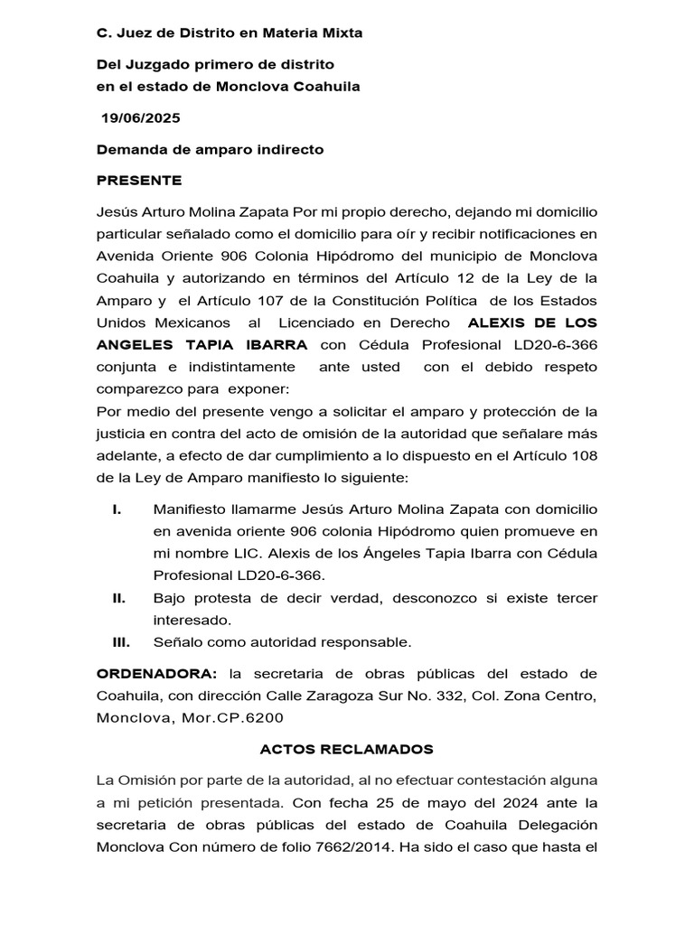 Demanda de Amparo Indirecto en Coahuila | PDF | Petición | Violación