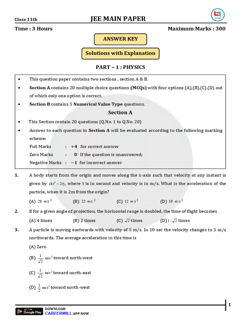 JEE Main Physics Question Paper | PDF | Gases | Projectiles