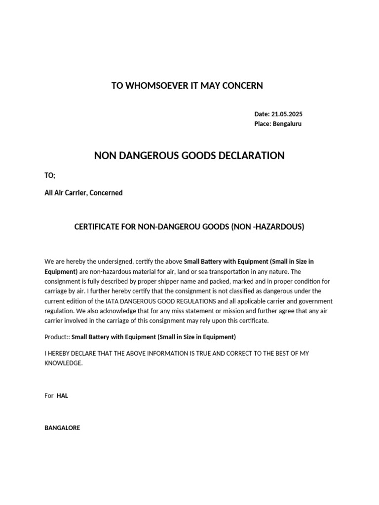 Non-Hazardous Battery Declaration | PDF